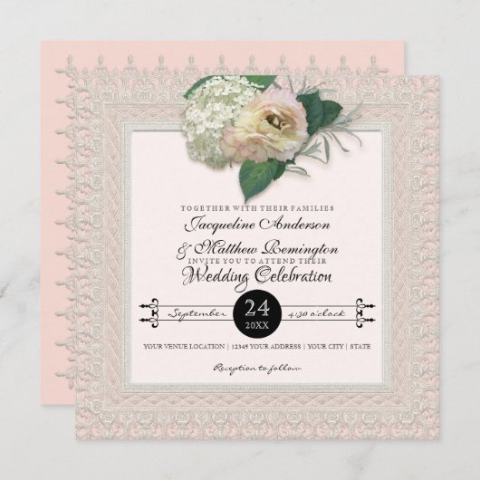 レースかわいらしタイポグラフィフランスのフローラ牡丹 招待状 (正面/裏面)