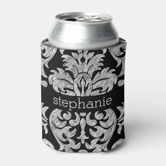 レースかわいらしダマスク模様（白黒） 缶クーラー (缶正面)