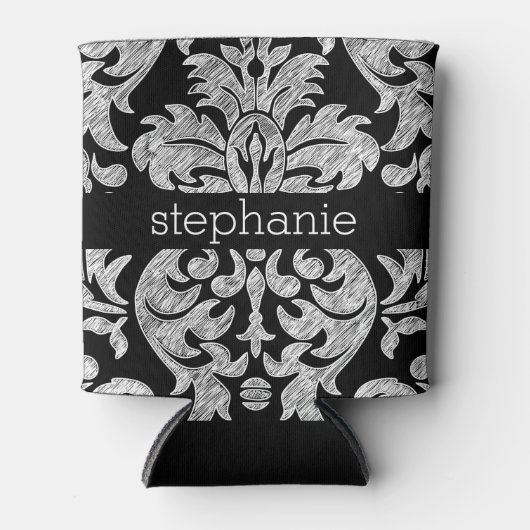 レースかわいらしダマスク模様（白黒） 缶クーラー (正面)