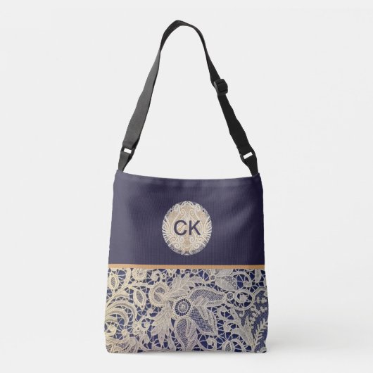 レースかわいらしパーソナライズされたトートバッグ付きネイビー クロスボディバッグ (裏面)