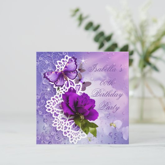 レースかわいらしパープルバタフライフラワーズ誕生日 招待状 (スタンド正面)