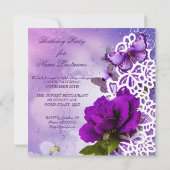 レースかわいらしパープルバタフライフラワーズ誕生日 招待状 (裏面)