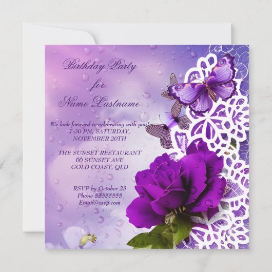 レースかわいらしパープルバタフライフラワーズ誕生日 招待状 (裏面)