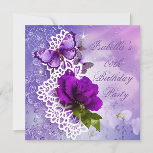 レースかわいらしパープルバタフライフラワーズ誕生日 招待状 (正面)