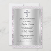 レースかわいらしピンクファースト聖餐式 招待状 (正面)