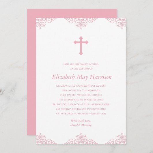 レースかわいらし |ピンクガールズバプテスマ/《キリスト教》洗礼式や命名式 招待状 (正面/裏面)