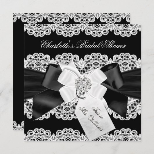 レースかわいらし&ボウ白黒ブライダルシャワー招待状 招待状 (正面/裏面)