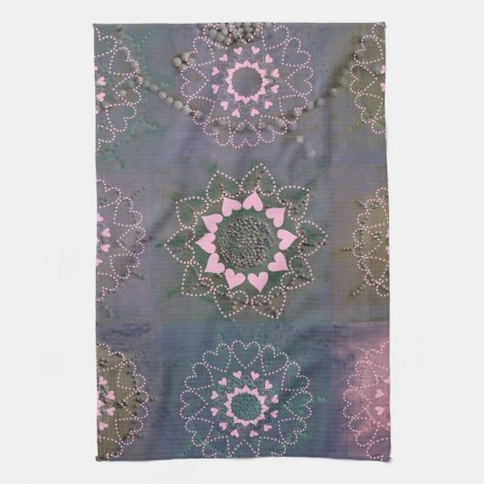 レースそっくりのピンクのハートの曼荼羅および灰色 キッチンタオル (縦)