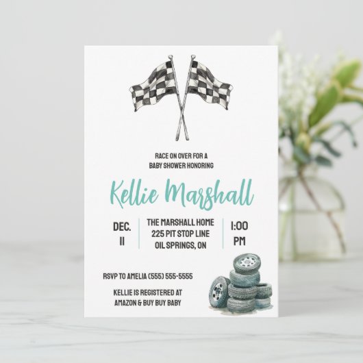 レースでレースをテーマにした赤ちゃんシャワー 招待状 (スタンド正面)