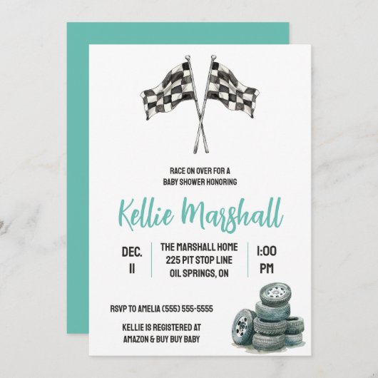 レースでレースをテーマにした赤ちゃんシャワー 招待状 (正面/裏面)