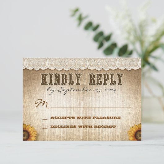 レースとのRSVPを結婚する茶色の素朴な国スタイル 出欠カード (スタンド正面)