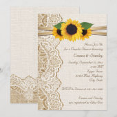 レースとひまわりがプリントされた麻のウェディングカップルシャワーの招待状 招待状 (正面/裏面)