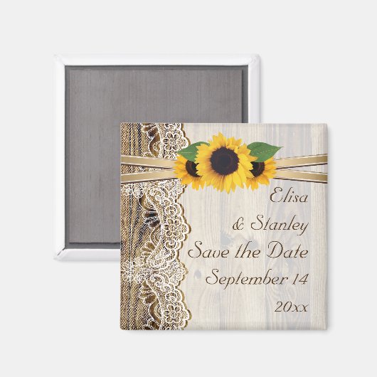 レースとひまわりの木製ウェディング Save the Date マグネット (正面/裏面)