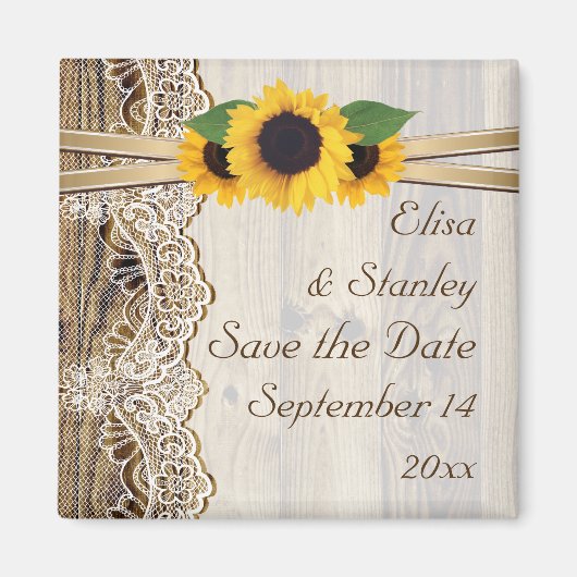 レースとひまわりの木製ウェディング Save the Date マグネット (正面)