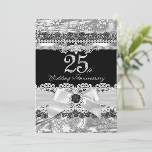 レースとシルバーパールのリボン 25周年招待状 招待状 (スタンド正面)
