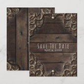 レースとダークウッドのラスティックビンテージ結婚式の招待状(Save Date) 案内ポストカード (正面/裏面)