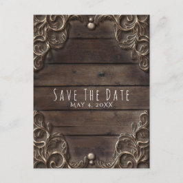 レースとダークウッドのラスティックビンテージ結婚式の招待状（Save Date） 案内ポストカード