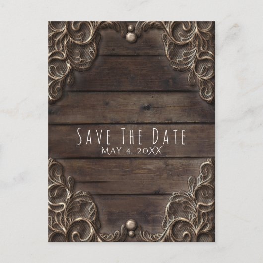 レースとダークウッドのラスティックビンテージ結婚式の招待状(Save Date) 案内ポストカード (正面)