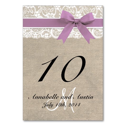 レースとバーラップのテー素朴ブル結婚カードラベンダー テーブルナンバー (裏面)