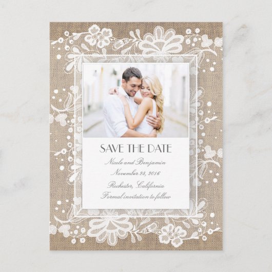 レースとバーラップのヴィンテージ写真の日付を保存 案内ポストカード (正面)