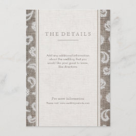 レースとバーラップ素朴な田舎の結婚式の詳細カード エンクロージャーカード