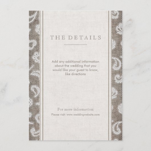 レースとバーラップ素朴な田舎の結婚式の詳細カード エンクロージャーカード (正面)