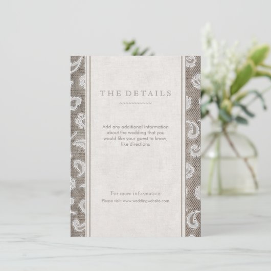 レースとバーラップ素朴な田舎の結婚式の詳細カード エンクロージャーカード (スタンド正面)