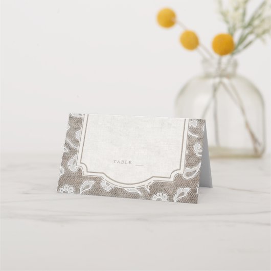 レースとバーラップ素朴な田舎の結婚式座席表 プレイスカード (正面)