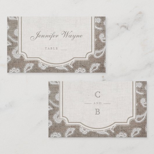 レースとバーラップ素朴な田舎の結婚式座席表 プレイスカード (正面/裏面)