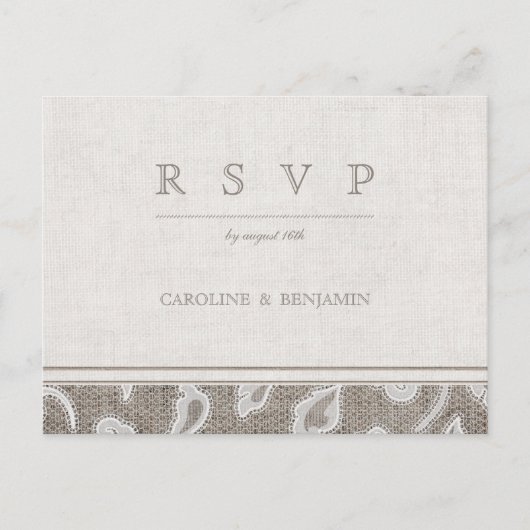 レースとバーラップ素朴な田舎の結婚式RSVP インビテーションポストカード (正面)