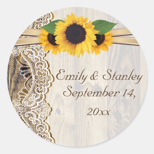 レースとヒマワリの木の結婚式の日付を保存 ラウンドシール (正面)