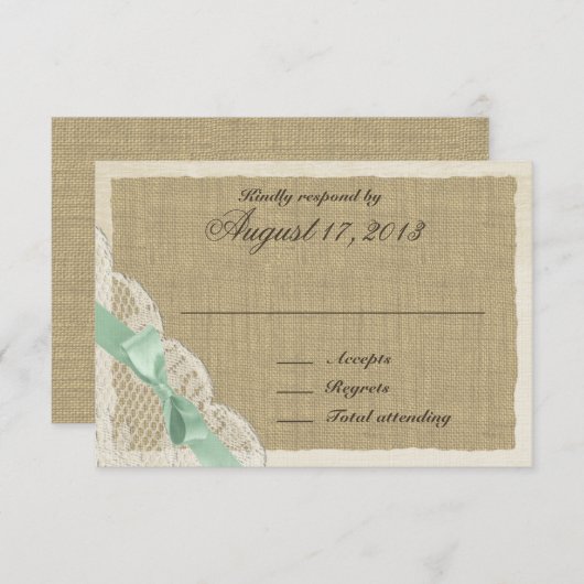 レースとミントグリーンボウカントリー応答カード 出欠カード (正面/裏面)