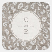 レースとラップ素朴な田舎の結婚式のモノグラム スクエアシール (正面)