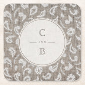 レースとラップ素朴な田舎の結婚式のモノグラム スクエアペーパーコースター (正面)