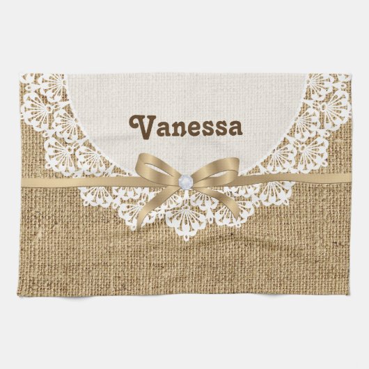 レースとリネンのナチュラルバーラップで白いドリー キッチンタオル (横)