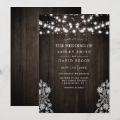 レースと木のストリングライトのラスティックウェディング 招待状 (正面/裏面)