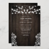 レースと木のストリングライトのラスティックベイビーシャワー 招待状 (正面/裏面)