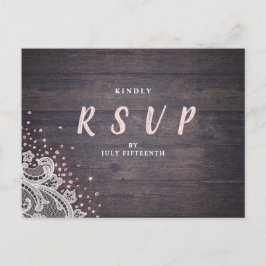 レースと木材赤面グリッター素朴な結婚式RSVP インビテーションポストカード