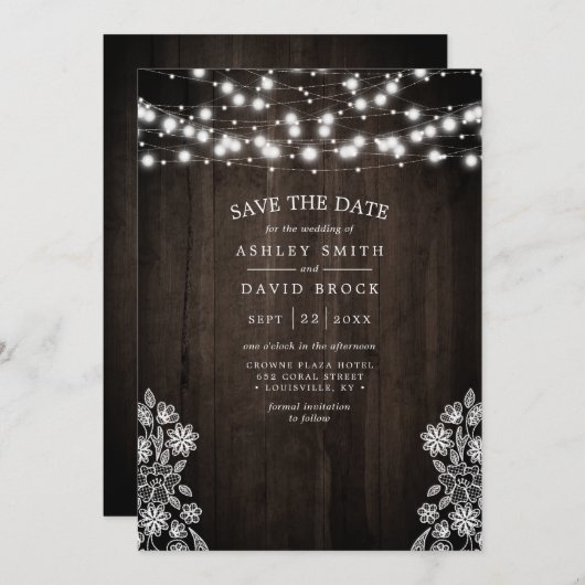 レースと木製のストリングラ素朴イトは日付を保存 セーブザデート (正面/裏面)