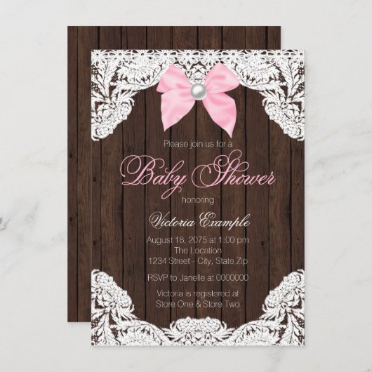レースと木製の赤ちゃんシャワー 招待状 (正面/裏面)