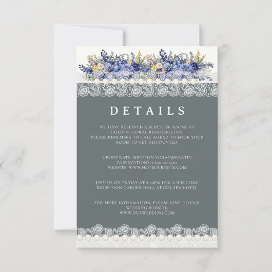 レースと真珠のフローラ結婚の詳細カード 招待状 (正面)