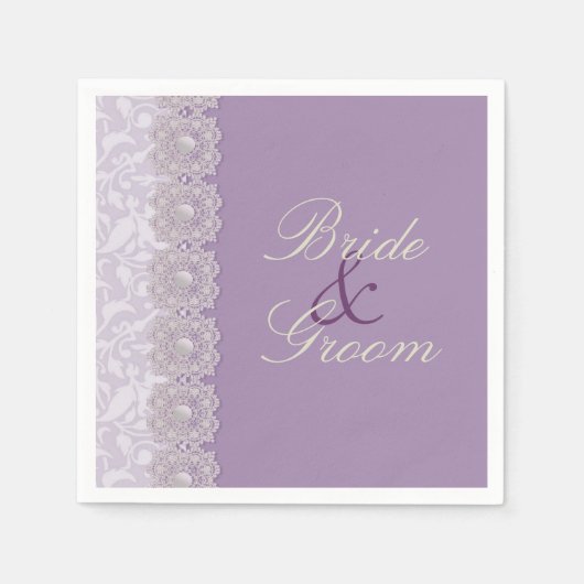 レースと真珠ラベンダーカスタムウェディングナプキン スタンダードカクテルナプキン (正面)