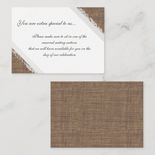 レースと素朴バーラップの予約座席 プレイスカード (正面/裏面)