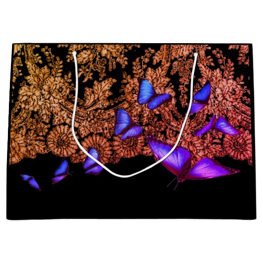 レースと蝶のギフトラベルブラック ラージペーパーバッグ (正面)