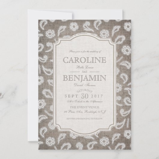 レースと麻のエレガントなラスティックカントリーウェディング 招待状 (正面)