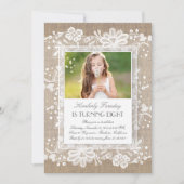 レースと麻のビンテージエレガントフォトバースデー 招待状 (正面)