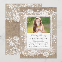 レースと麻のビンテージエレガントフォトバースデー 招待状