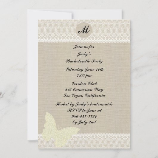 レースと麻の文字パーティー招待状 招待状 (正面)