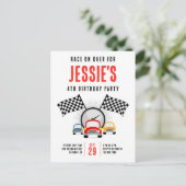 レースに急いで！ 車の誕生日パーティー招待状 ポストカード (スタンド正面)