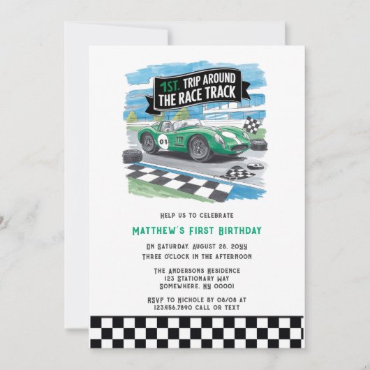 レースのまわりにトラック誕生日パーティー 招待状 (正面)
